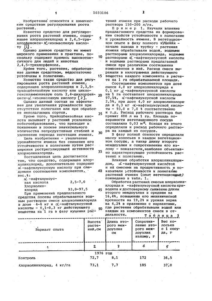 Средство для регулирования роста растений ячменя (патент 1033106)