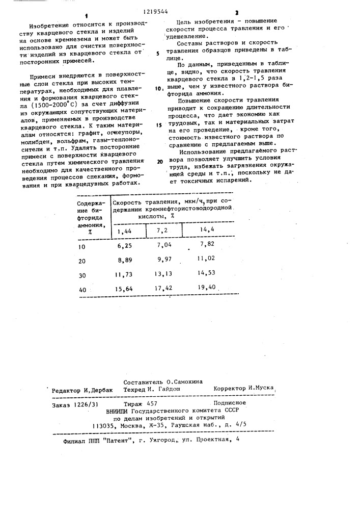 Травильный раствор (патент 1219544)