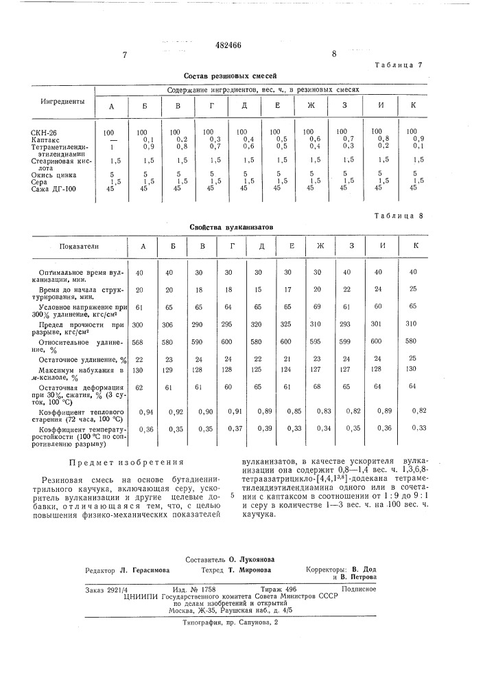 Резиновая смесь на основе бутадиеннитрильного каучука (патент 482466)