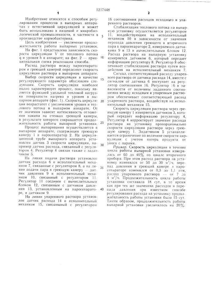 Способ автоматического управления выпарной установкой с естественной циркуляцией (патент 1217448)