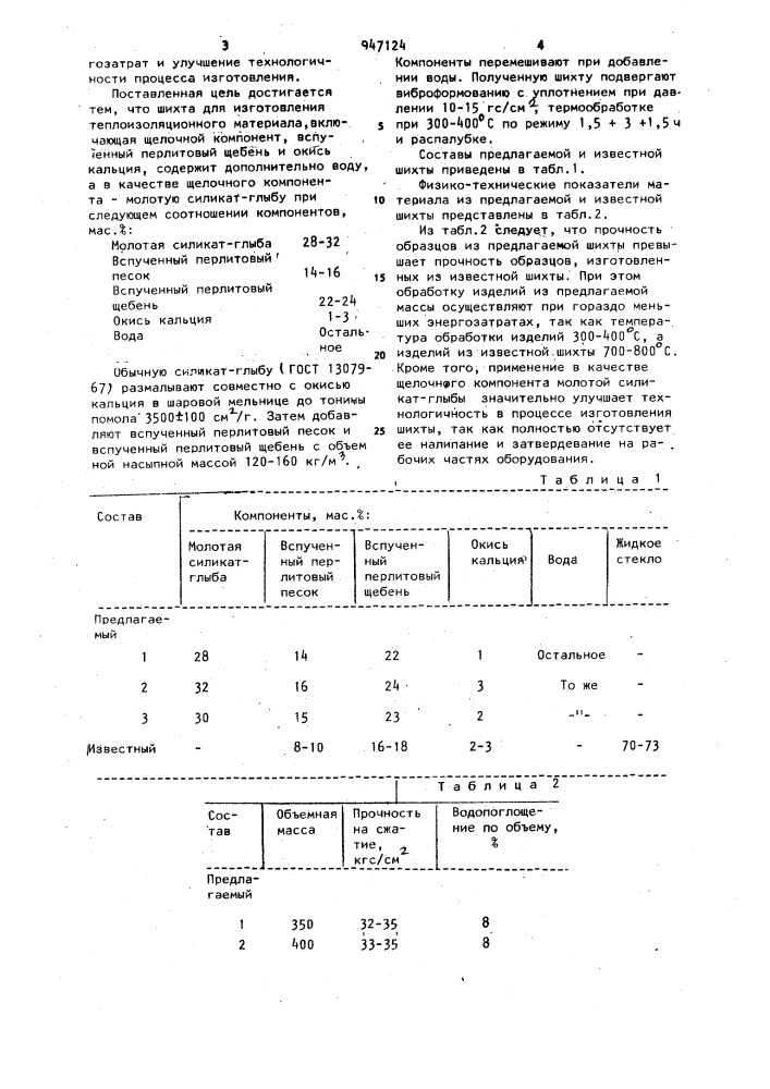 Шихта для изготовления теплоизоляционного материала (патент 947124)