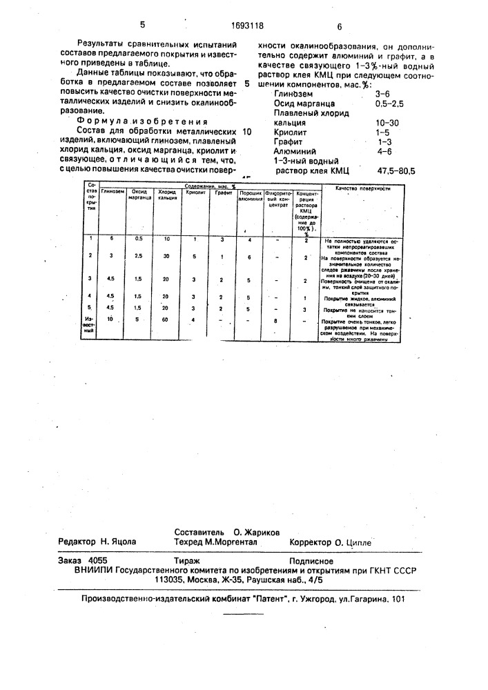 Состав для обработки металлических изделий (патент 1693118)