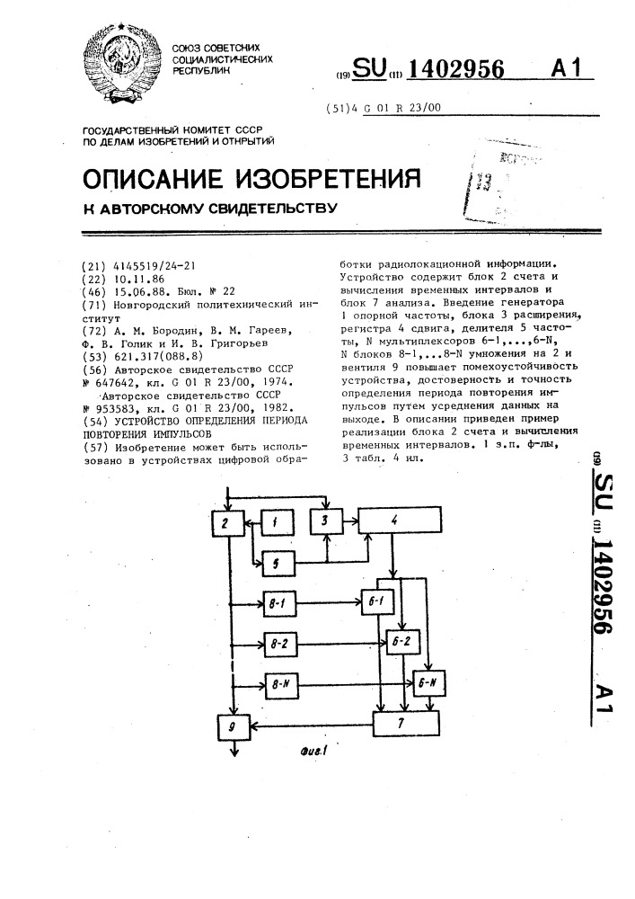 Устройство определения периода повторения импульсов (патент 1402956)