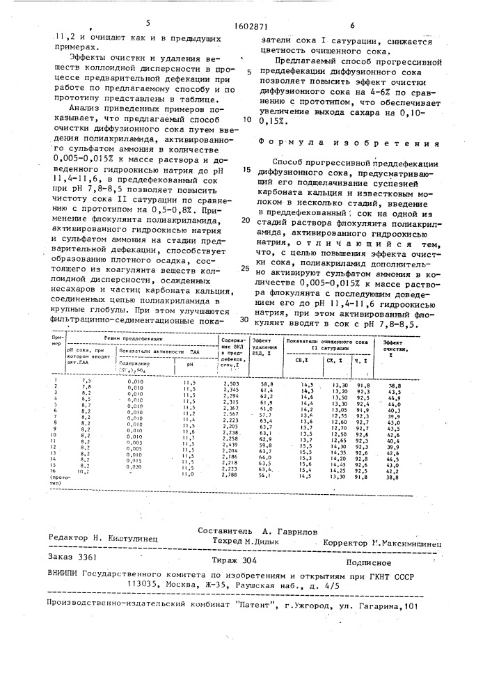 Способ прогрессивной преддефекации диффузионного сока (патент 1602871)