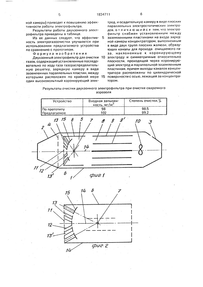 Двухзонный электрофильтр для очистки газов (патент 1834711)