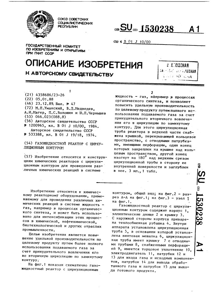 Газожидкостной реактор с циркуляционным контуром (патент 1530238)