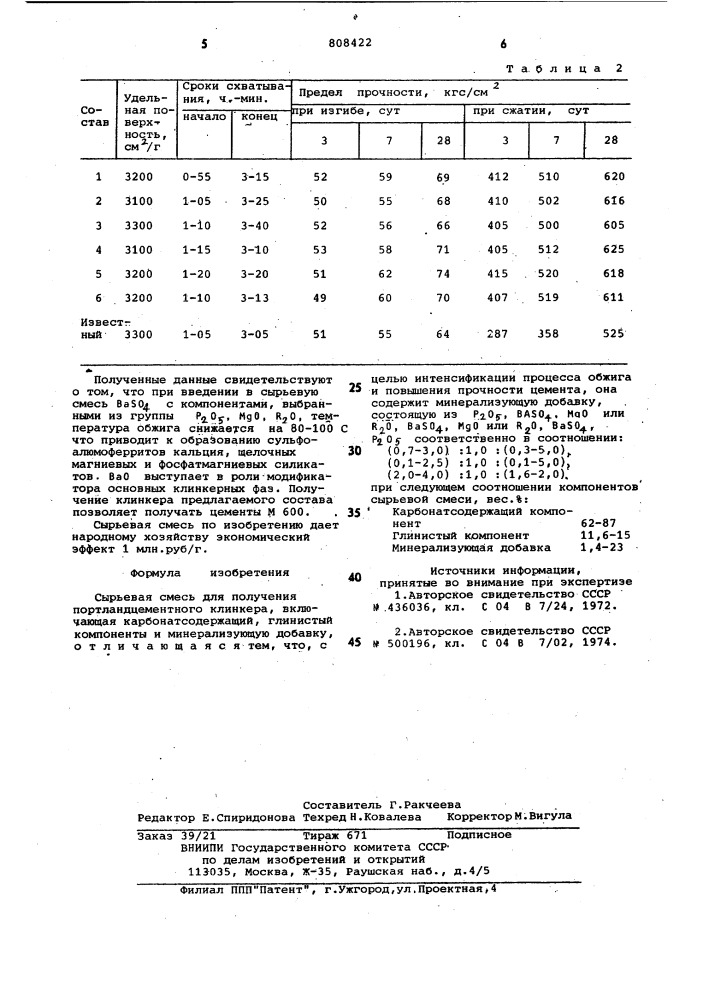 Сырьевая смесь для полученияпортландцементного клинкера (патент 808422)