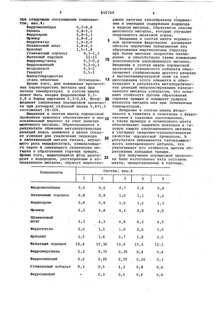 Состав порошковой проволоки (патент 816729)