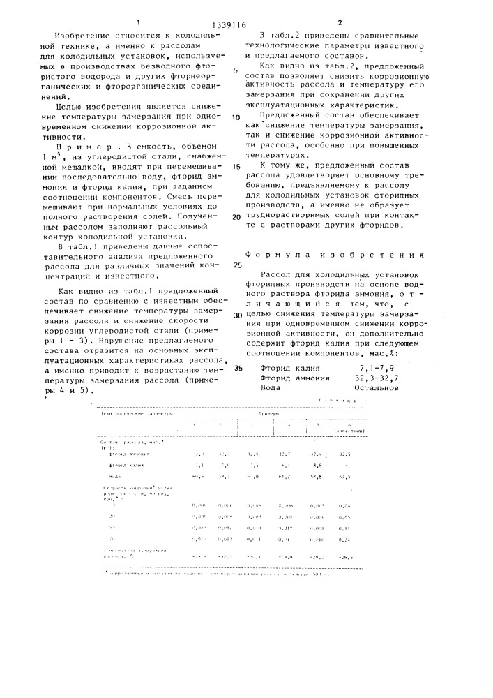 Рассол для холодильных установок фторидных производств (патент 1339116)