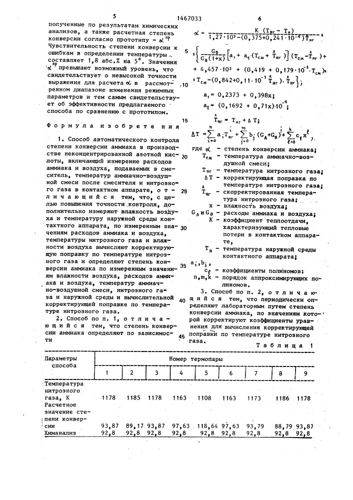 Способ автоматического контроля степени конверсии аммиака в производстве неконцентрированной азотной кислоты (патент 1467033)