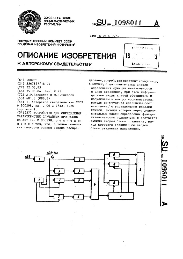 Устройство для определения характеристик случайных процессов (патент 1098011)