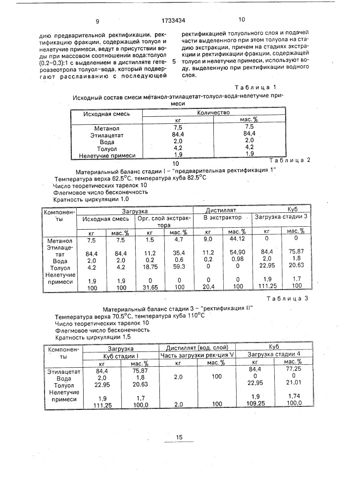 Способ разделения смеси метанол - этилацетат - толуол - вода - нелетучие примеси (патент 1733434)