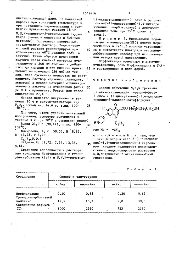 Способ получения n,n,n-триметил-2-оксиэтиламмоний-[1-этил-6- фтор-4-оксо-7-(1-пиперазинил)-1,4-дигидрохинолин-3- карбоксилата] (патент 1542416)