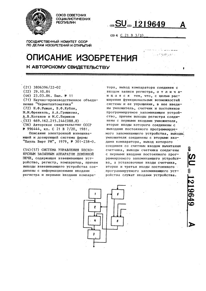 Система управления бесконусным засыпным аппаратом доменной печи (патент 1219649)