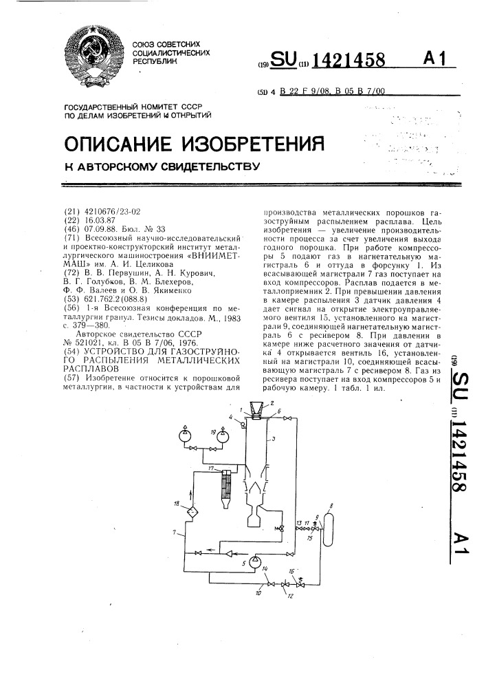 Устройство для газоструйного распыления металлических расплавов (патент 1421458)