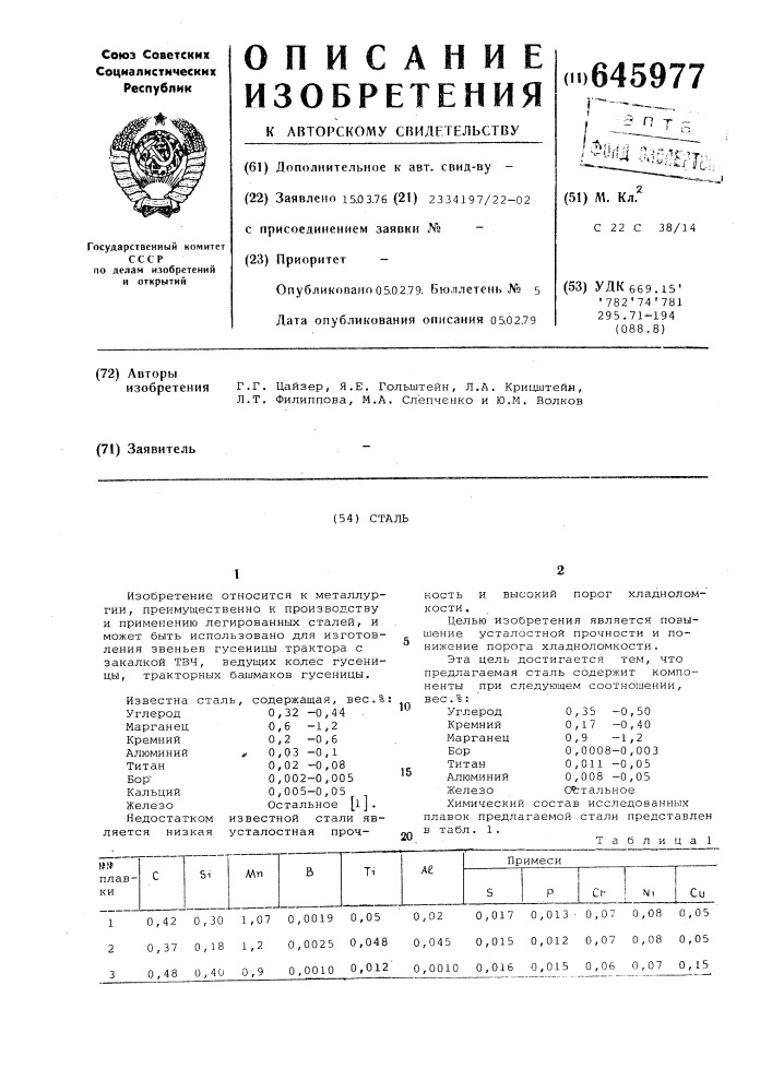 Сталь (патент 645977)