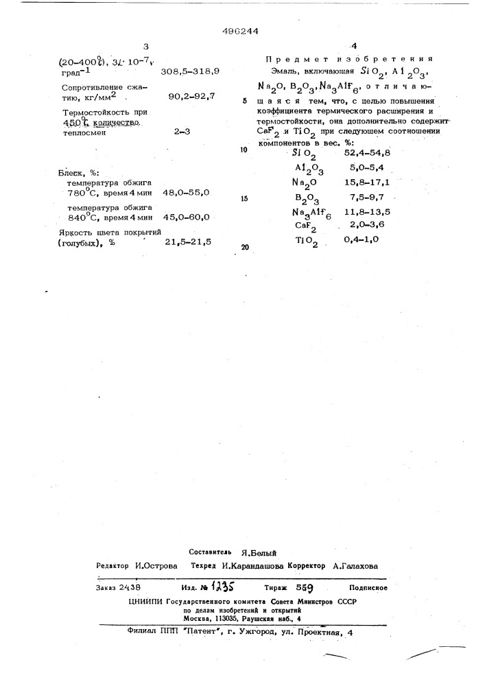 Эмаль (патент 496244)