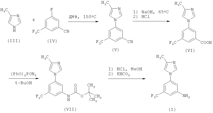 Способ получения 5-(4-метил-1н-имидазол-1-ил)-3-(трифторметил)бензамина (варианты) (патент 2446162)
