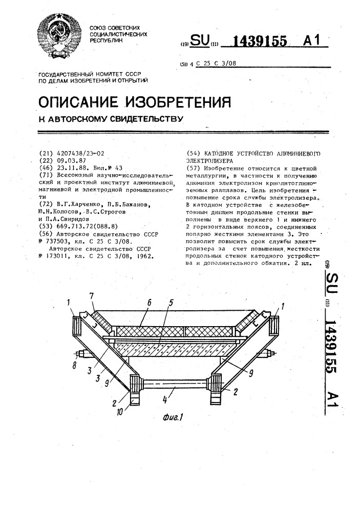 Катодное устройство алюминиевого электролизера (патент 1439155)