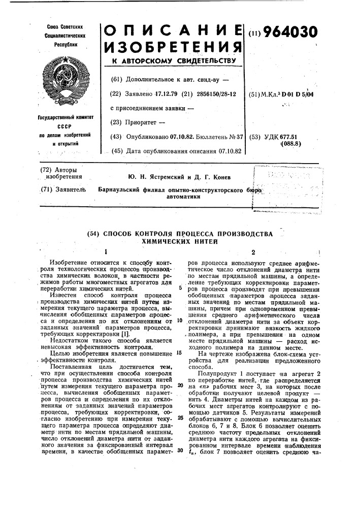 Способ контроля процесса производства химических нитей (патент 964030)