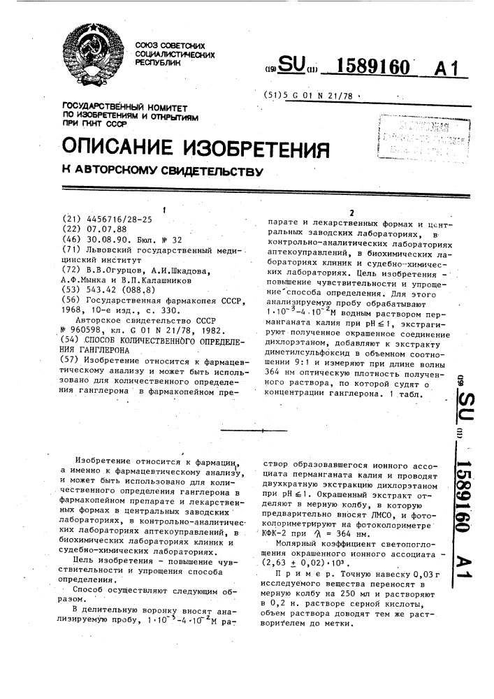 Способ количественного определения ганглерона (патент 1589160)