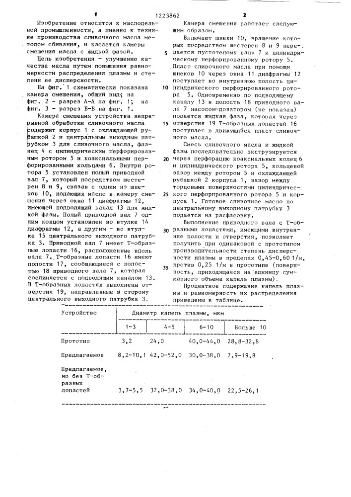 Камера смешения устройства для обработки сливочного масла (патент 1223862)