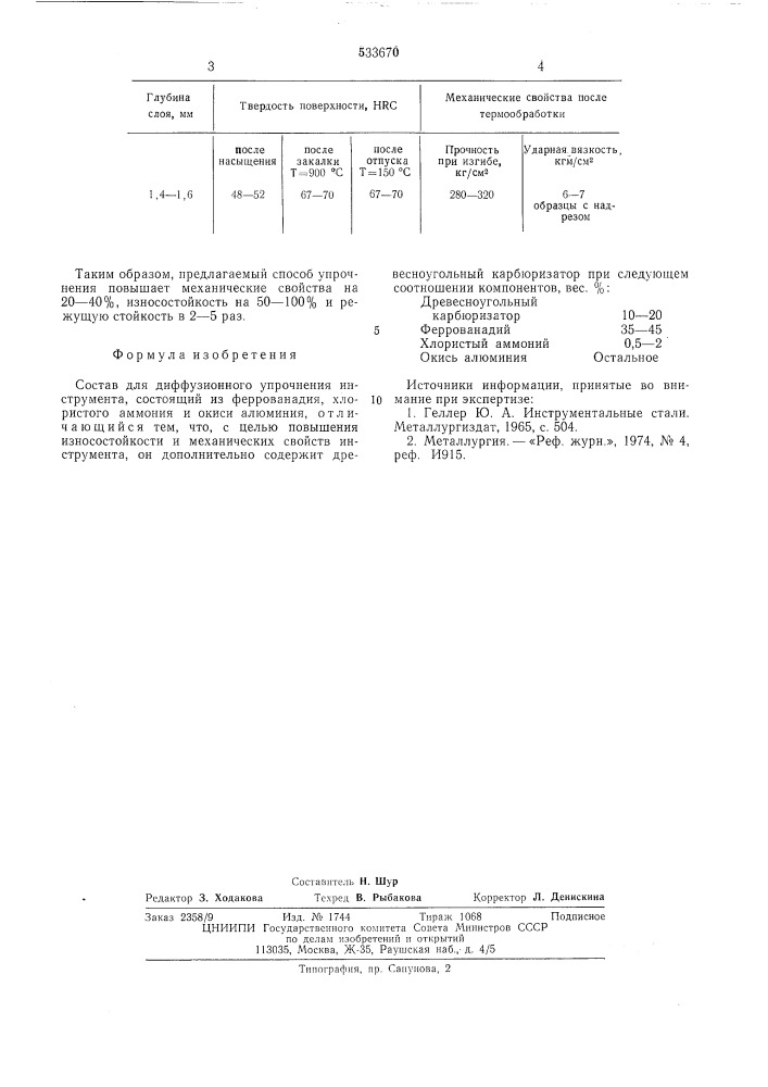 Состав для диффузионного упрочнения инструмента (патент 533670)