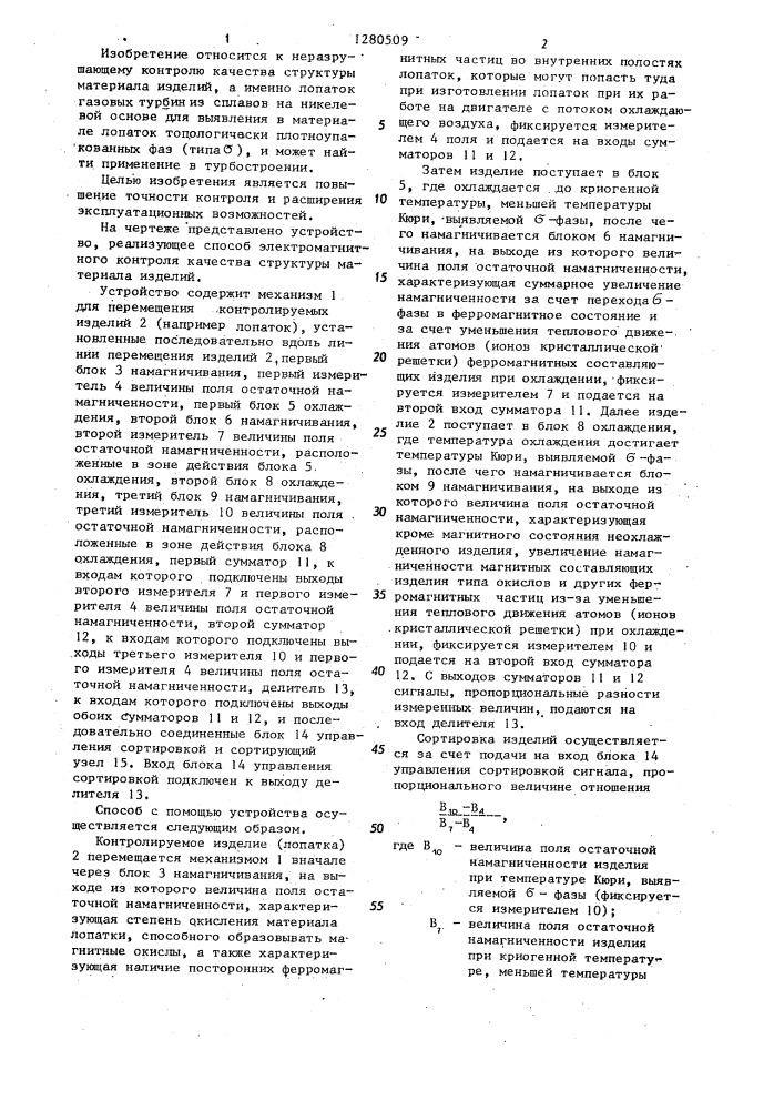 Способ электромагнитного контроля качества структуры материала изделий и устройство для его осуществления (патент 1280509)
