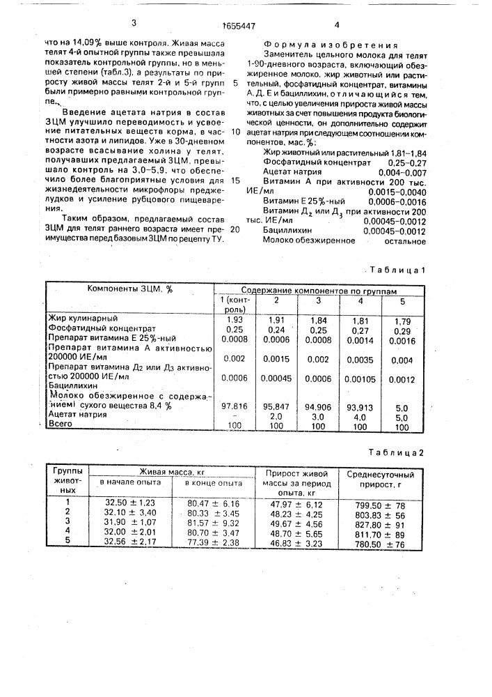 Заменитель цельного молока для телят 1-90-дневного возраста (патент 1655447)