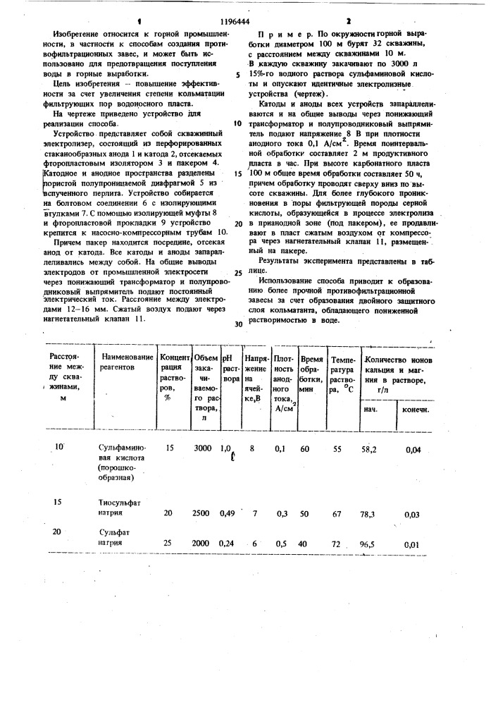 Способ создания противофильтрационных завес в водоносных горизонтах (патент 1196444)