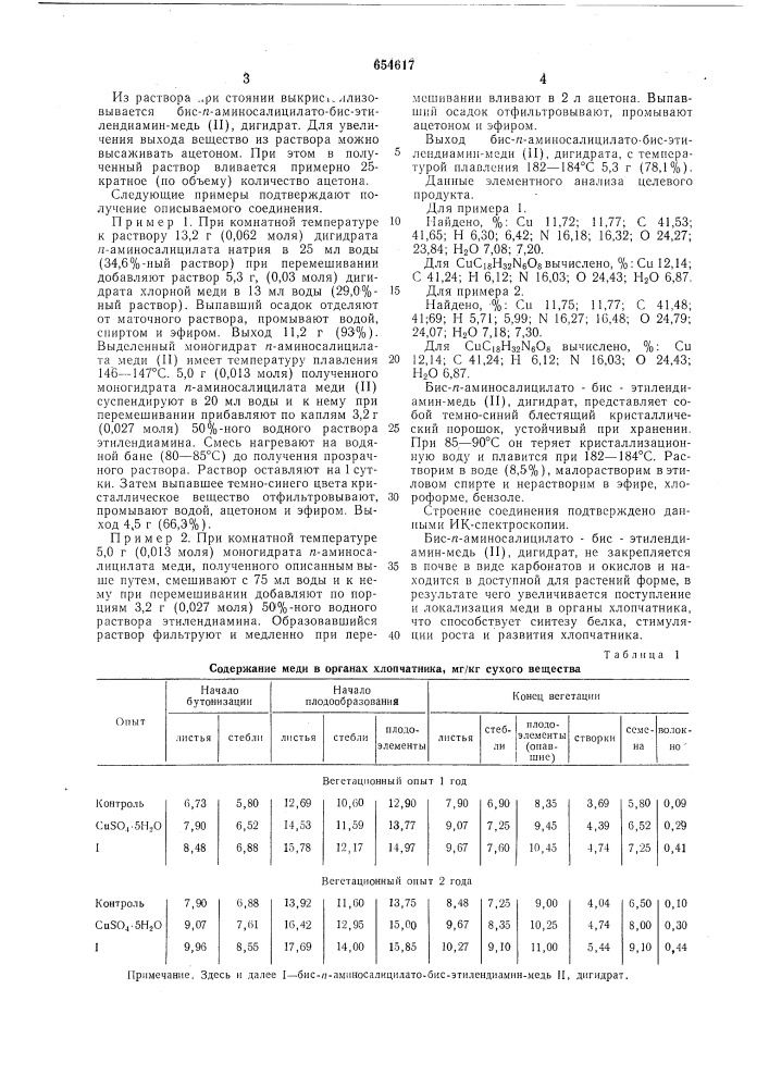 Бис-пара-аминосалицилато-бис-этилендиамин медь (п), дигидрат, проявляющий свойства биостимулятора роста и развития хлопчатника (патент 654617)