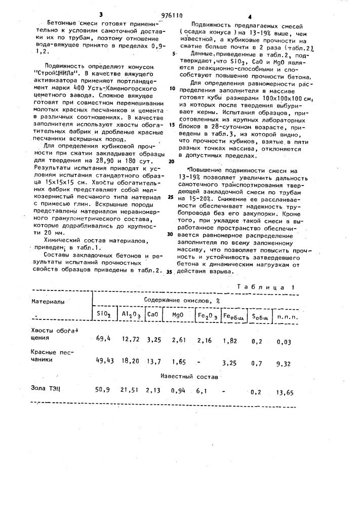 Состав закладочной смеси (патент 976110)