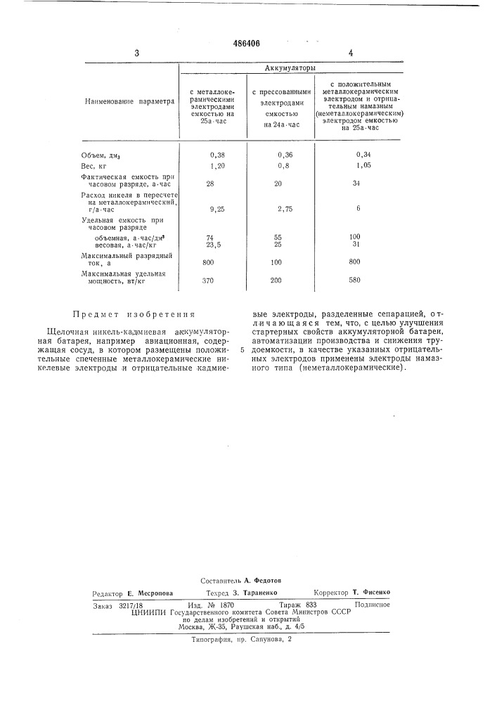 Щелочная никель-кадмиевая аккумуляторная батарея (патент 486406)