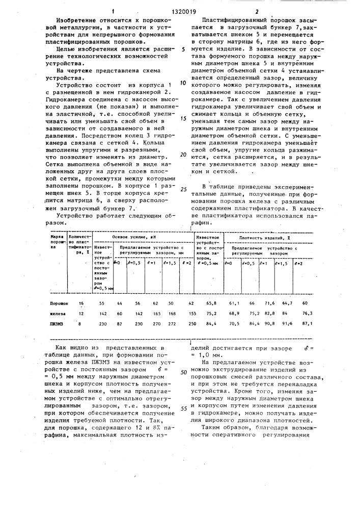 Устройство для непрерывного формования пластифицированных порошков (патент 1320019)