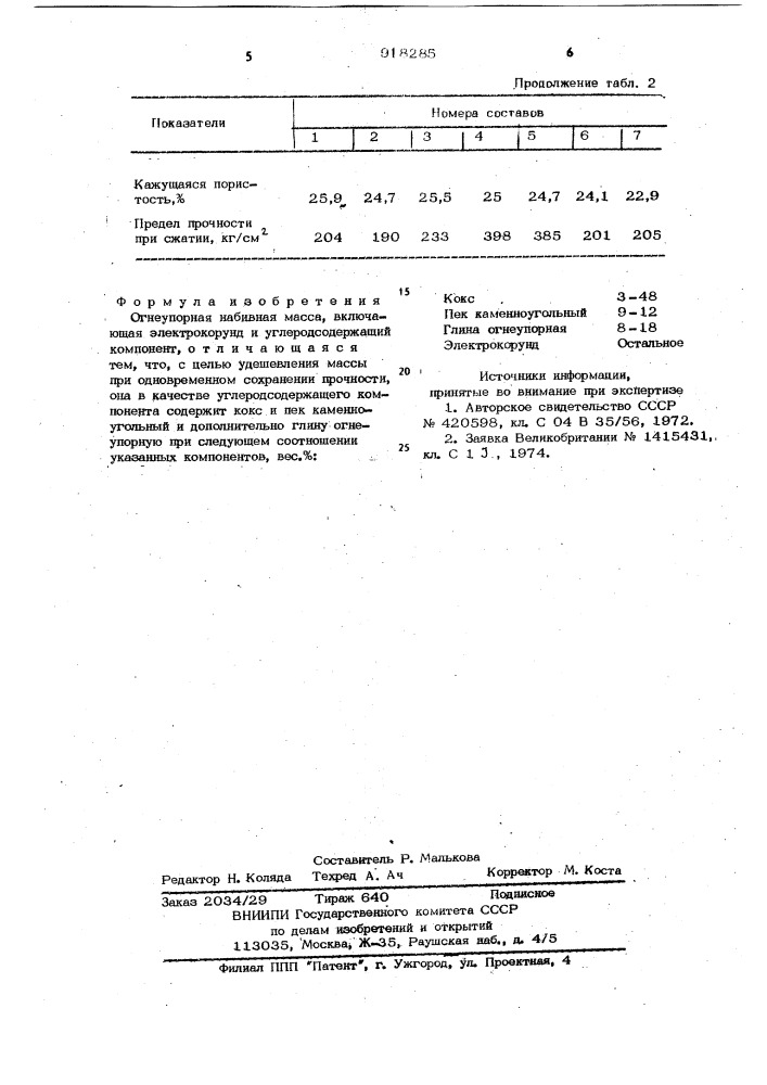 Огнеупорная набивная масса (патент 918285)