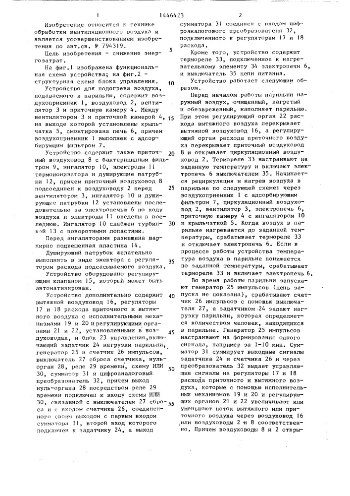 Устройство для нагрева воздуха, подаваемого в парильню (патент 1446423)