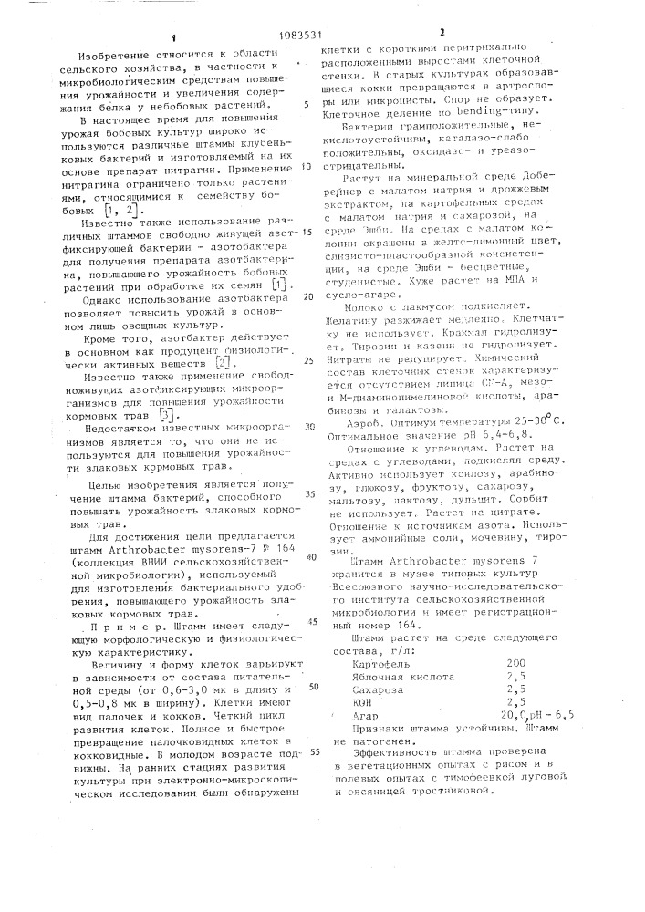 Штамм @ @ -7 n164 для изготовления бактериального удобрения, повышающего урожайность злаковых кормовых трав (патент 1083531)