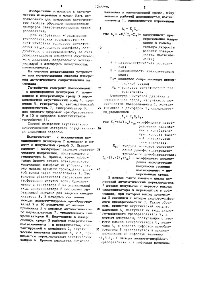 Способ измерения акустического сопротивления материала (патент 1245996)