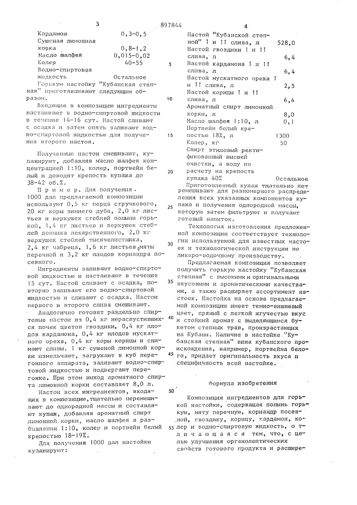 Композиция ингредиентов для горькой настойки "кубанская степная (патент 897844)
