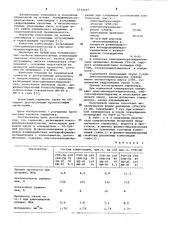 Герметик (патент 1032007)