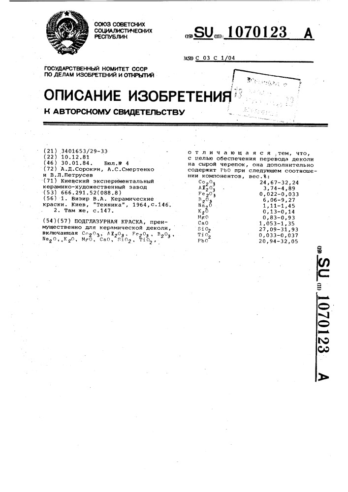 Подглазурная краска (патент 1070123)