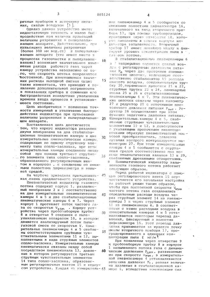 Пневматический индикатор запылен-ности газового потока (патент 805124)