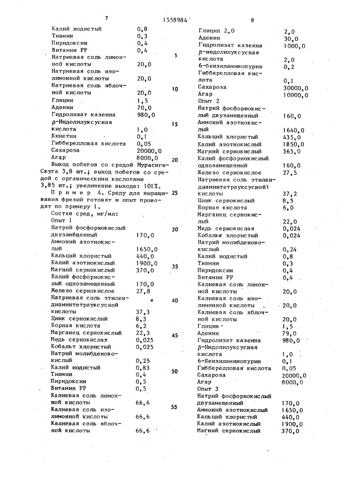 Питательная среда для выращивания фрезий in viтrо (патент 1558984)
