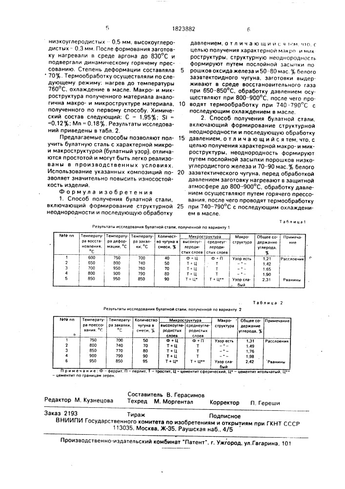 Способ получения булатной стали (его варианты) (патент 1823882)