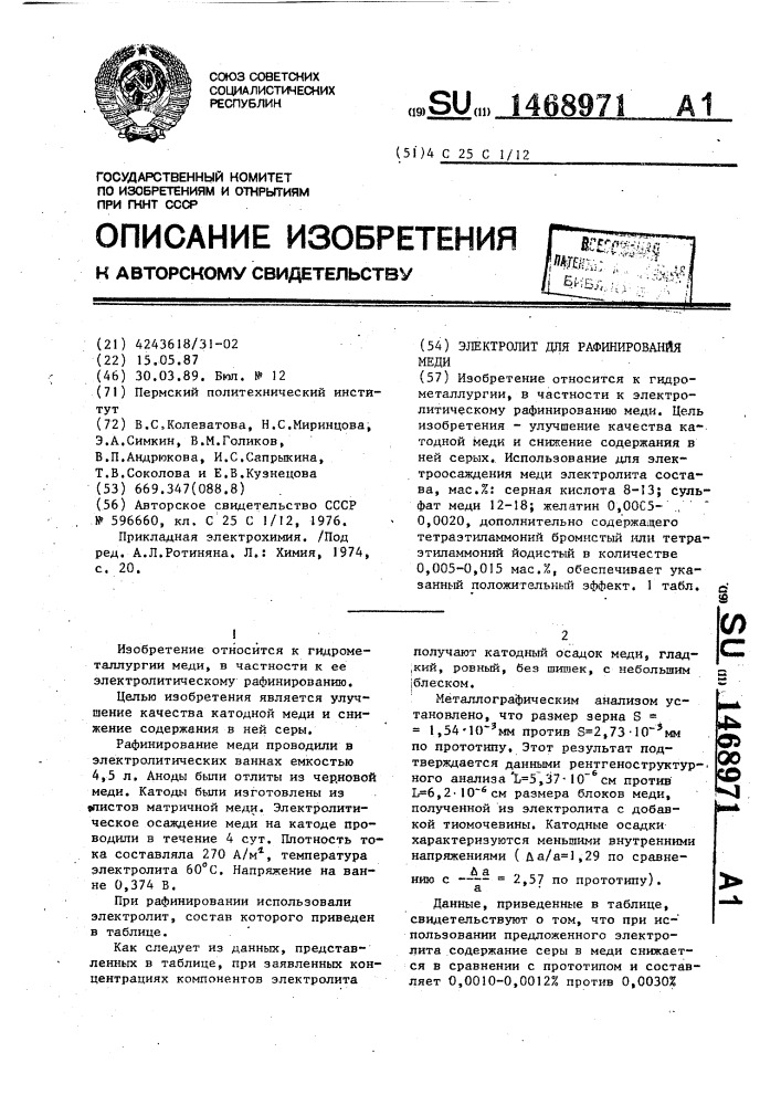 Электролит для рафинирования меди (патент 1468971)