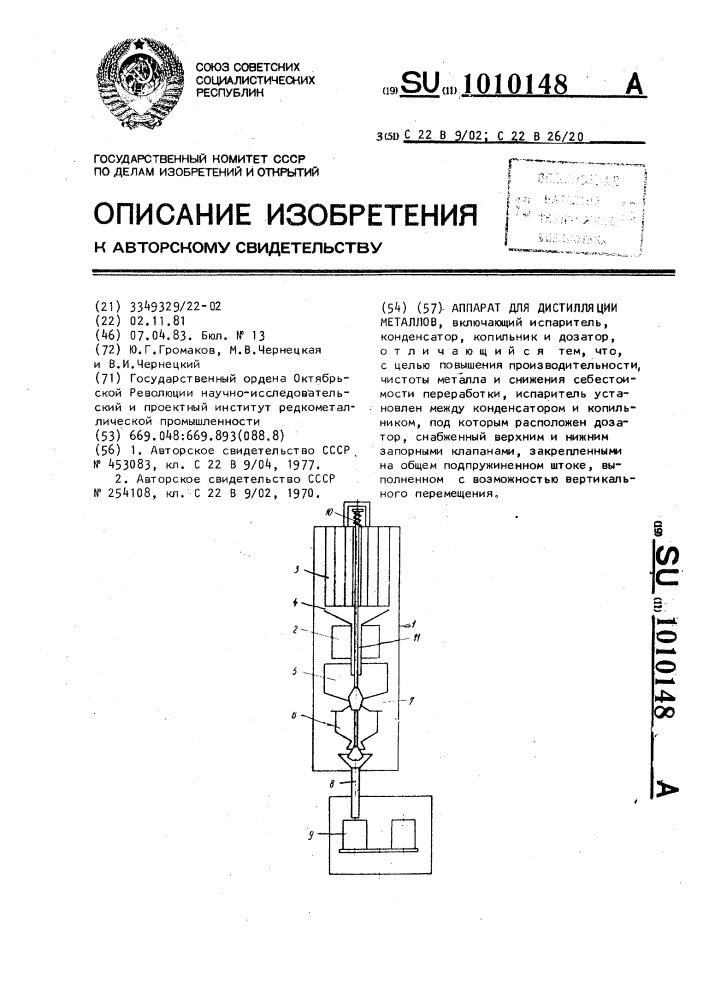 Аппарат для дистилляции металлов (патент 1010148)