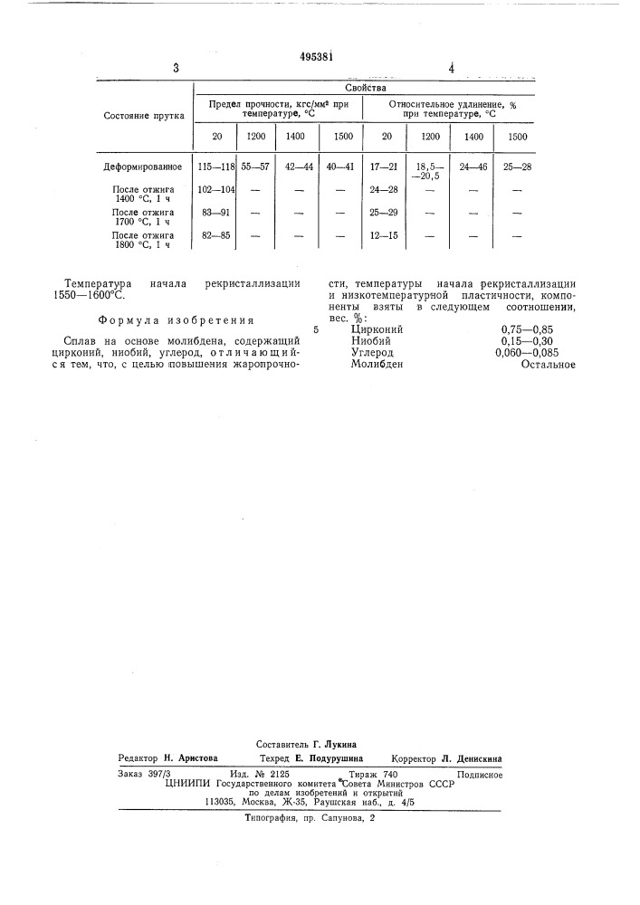 Сплав на основе молибдена (патент 495381)