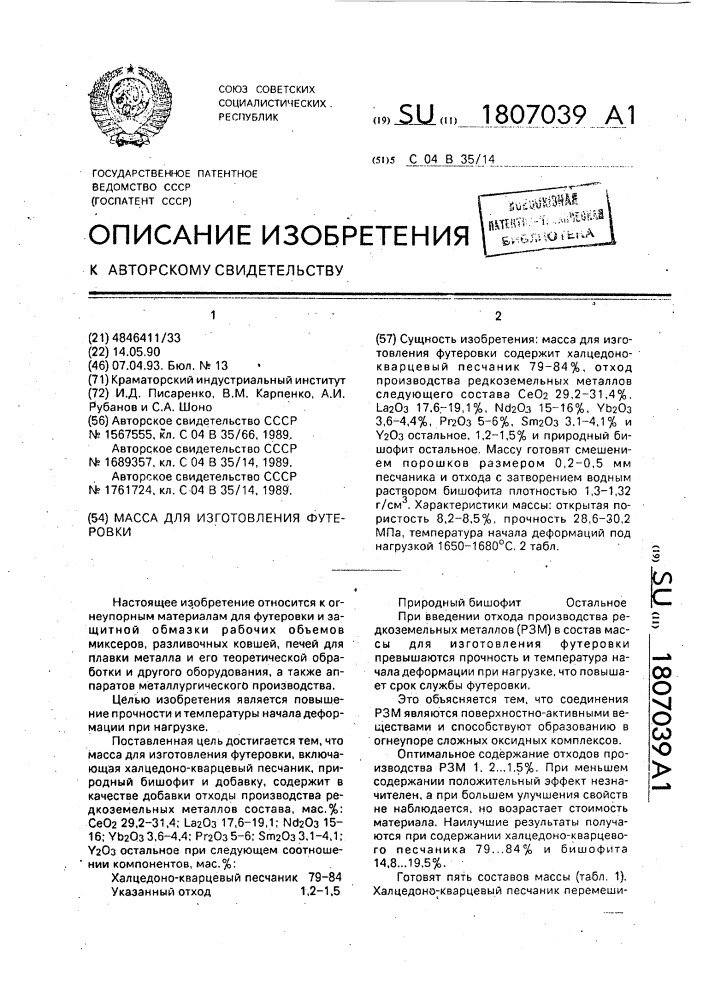 Масса для изготовления футеровки (патент 1807039)