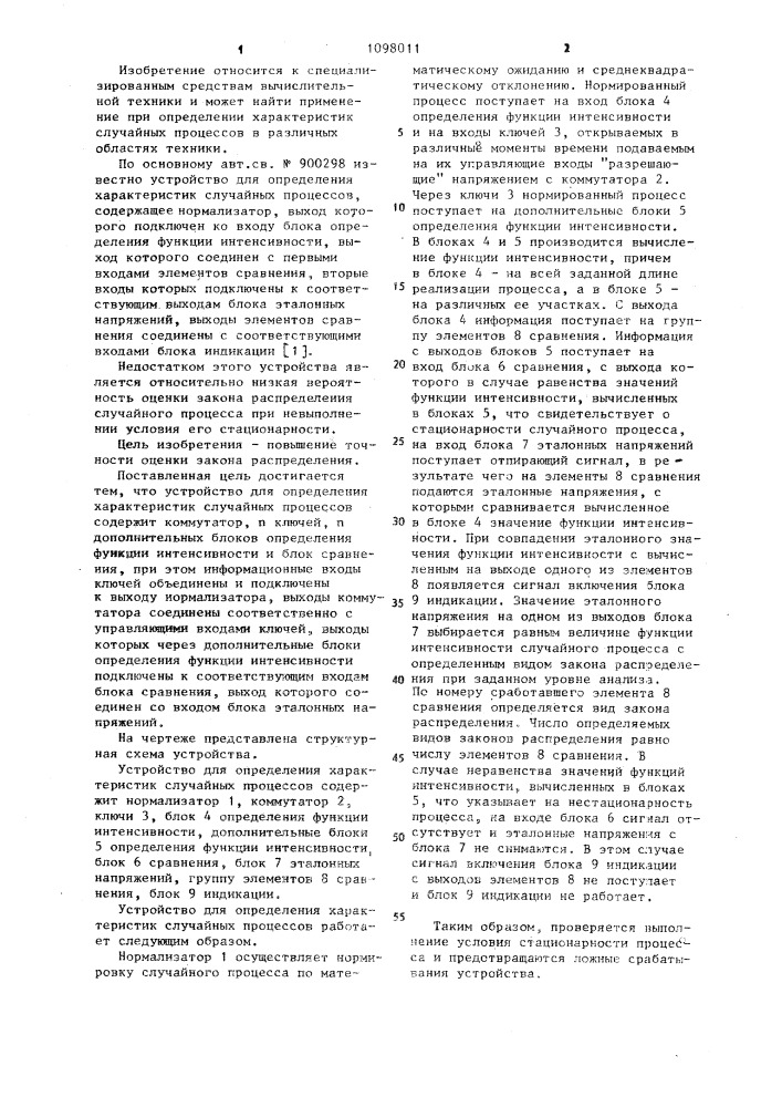 Устройство для определения характеристик случайных процессов (патент 1098011)
