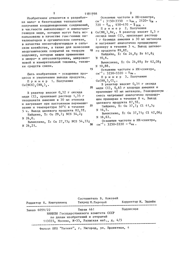 Способ получения аминотиоцианата или аминохлорида или аминобромида меди ( @ ) (патент 1181998)